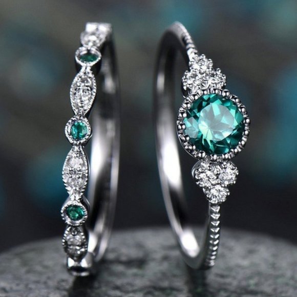 Jewelry - *NEW 925 Sterling Silver Emerald Diamond Ring Set